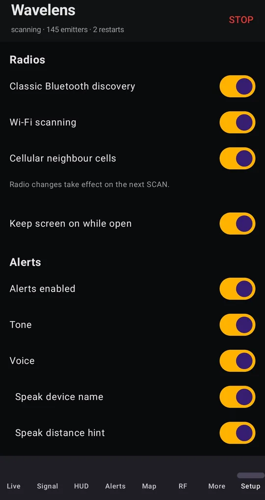 Radio toggles: Classic Bluetooth discovery, Wi-Fi scanning, cellular neighbour cells, plus tone and voice alerts