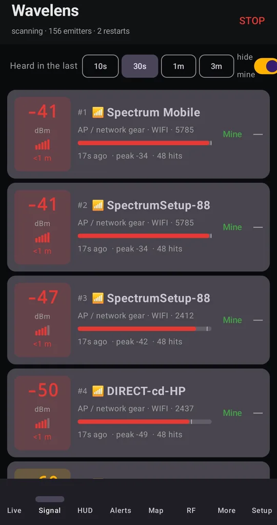 Signal list ranked by strength with Wi-Fi access points marked Mine